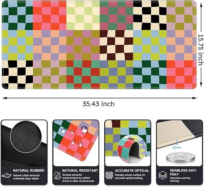 iCasso Checkered Desk Mat, Cute XXL Large Mouse Pad for Desk Cover, Anti-Slip Big Mousepad with Stitched Edges, Keyboard Mat for Computer Desktop Protector (Retro Checkered)