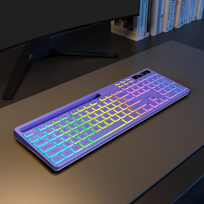 Soueto Wireless Keyboard with 7-Color RGB Backlit, Full-Size Computer Keyboard with Phone Tablet Holder, 2.4G Rechargeable Gaming Keyboard with Light Up Keys, Compatible with Mac, Windows (Purple)