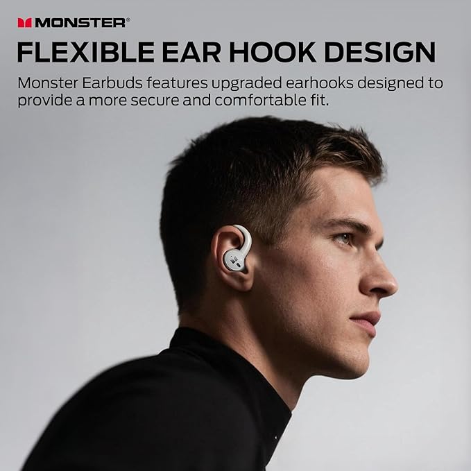 Monster N-Lite 216 Wireless Earbuds, Sports Earbuds with Earhooks, Noise Cancelling Headset, Stereo Deep Bass Over Ear Buds 48H Playtime, IPX6 Waterproof Earphones for Running/Workout（White）