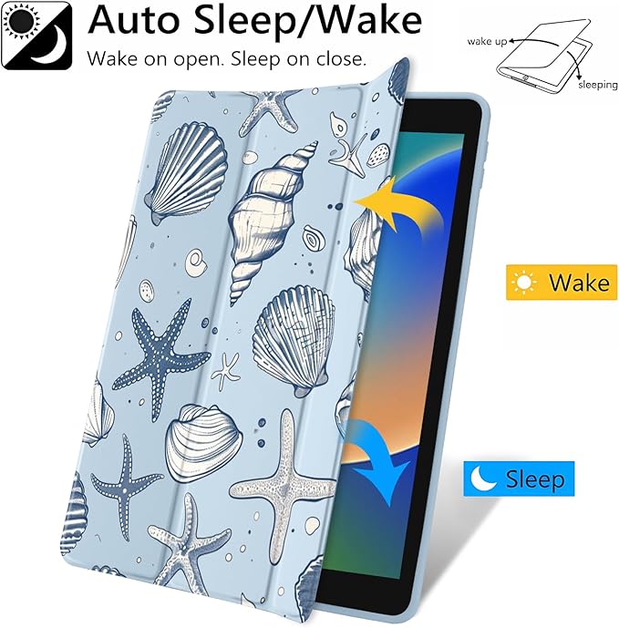 JOYLAND Sea Shells Case for iPad 7th/8th/9th Generation, Clear Transparent Acrylic Hard Back Ice Blue Case with Pencil Holder Trifold Stand Tablet Cover for iPad 10.2" 2019/2020/2021