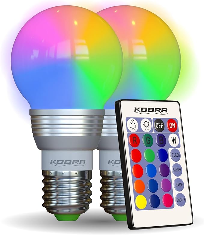 Kobra LED Color Changing Light Bulb with Remote Control - 16 Different Color Choices Smooth, Fade, Flash or Strobe Mode - Smart Remote Lightbulb - RGB & Multi Colored