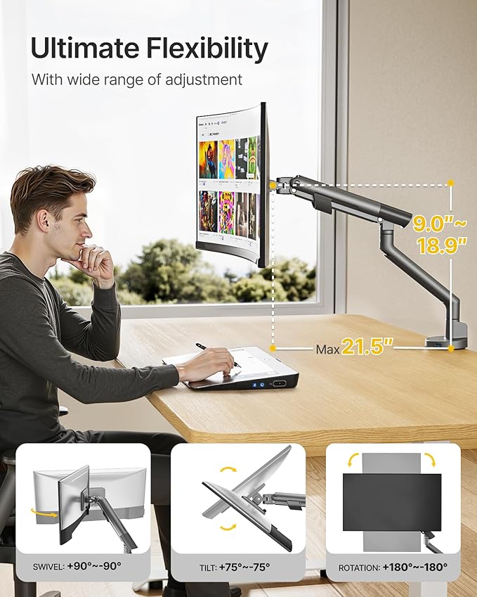 monTEK Single Monitor Arm with USB for 17-40 Inch Screens, Up to 26.4 lbs, Heavy Duty Monitor Mount with VESA Mount, Full Motion Adjustment Monitor Stand C-Clamp/Grommet Base,VESA 75/100mm, Gray