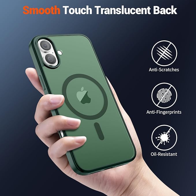SUPFINE Magnetic for iPhone 16 Plus Case (Compatible with MagSafe) (Military Grade Drop Protection) Slim Translucent Matte Shockproof with Anti-Fingerprint Phone Case,Forest Green