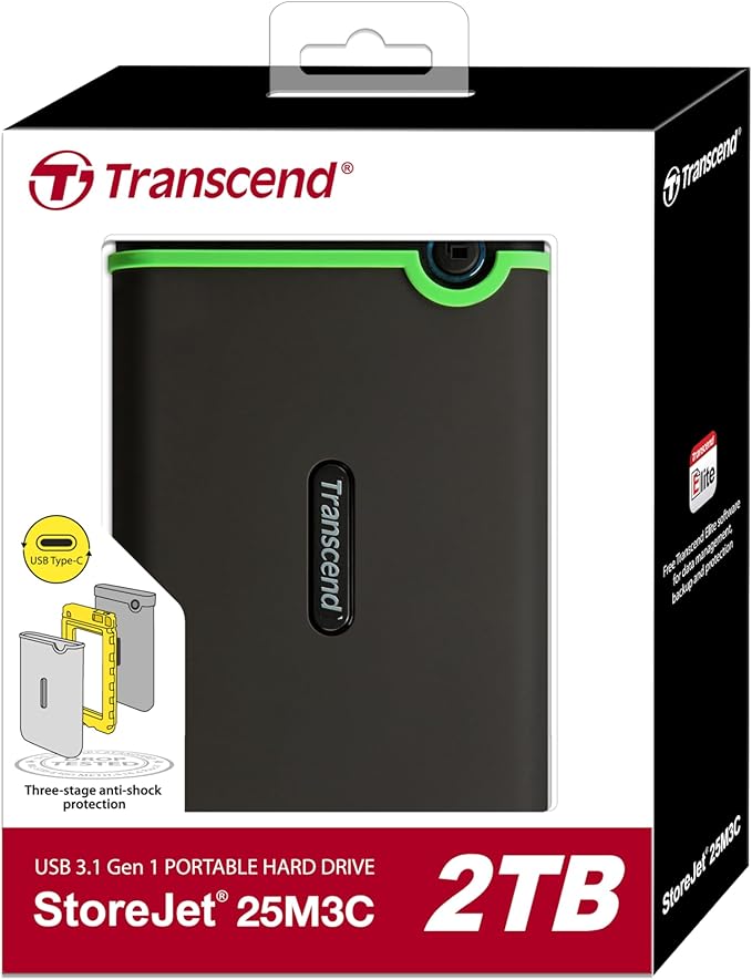 Transcend StoreJet 2TB Rugged External Hard Drive, for PS4/PC/Mac/Desktop, Laptop/Xbox One/Xbox 360, USB3.1Gen1(5Gbps) Type-C Portable HDD/One Touch Auto-Backup Button/Anti-Shock Resistant-TS2TSJ25M3C