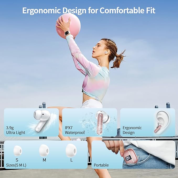 Wireless Earbuds, Bluetooth 5.4 Headphones with 4 Noise Cancelling Mic, 46H In-Ear Buds with 3D Bass Stereo Sound, Small Ears, LED Display, Calls Sports Workout, IPX7 Earphones for Android iOS, Pink