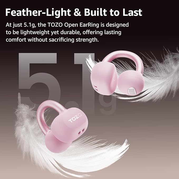 TOZO OpenEarRing True Open Ear Earbuds, Lightweight Comfort Open Ear Clip Wireless Earbuds, 40H Play Bluetooth 5.4 Headphones with Smart Digital Display Design Fit Sports Running, Workout Rose Gold