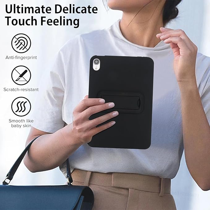 Case for iPad mini 7th & 6th Gen with Kickstand, Soft TPU + Hard PC Ultimate Delicate Touch Feeling Shockproof Protective Back Cover for iPad mini 7th 6th Women Men, Black