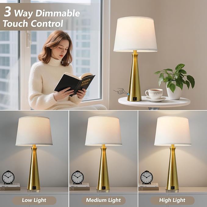 Seealle Modern Table Lamps Set of 2 - Touch Bedside Lamps for Nightstand with Dual USB C+A,3-Way Dimmable Gold Nightstand Lamps for Living Room Bedroom (Bulb Included)
