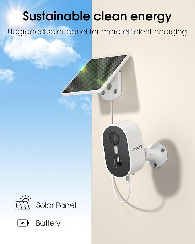 ARCCTV Security Camera Wireless Outdoor, 4MP Recharge Battery Powered WiFi Camera with Solar Panel, Motion Detection, Color Night Vision, 2-Way-Audio, 2.4G/5G Dual Band WiFi