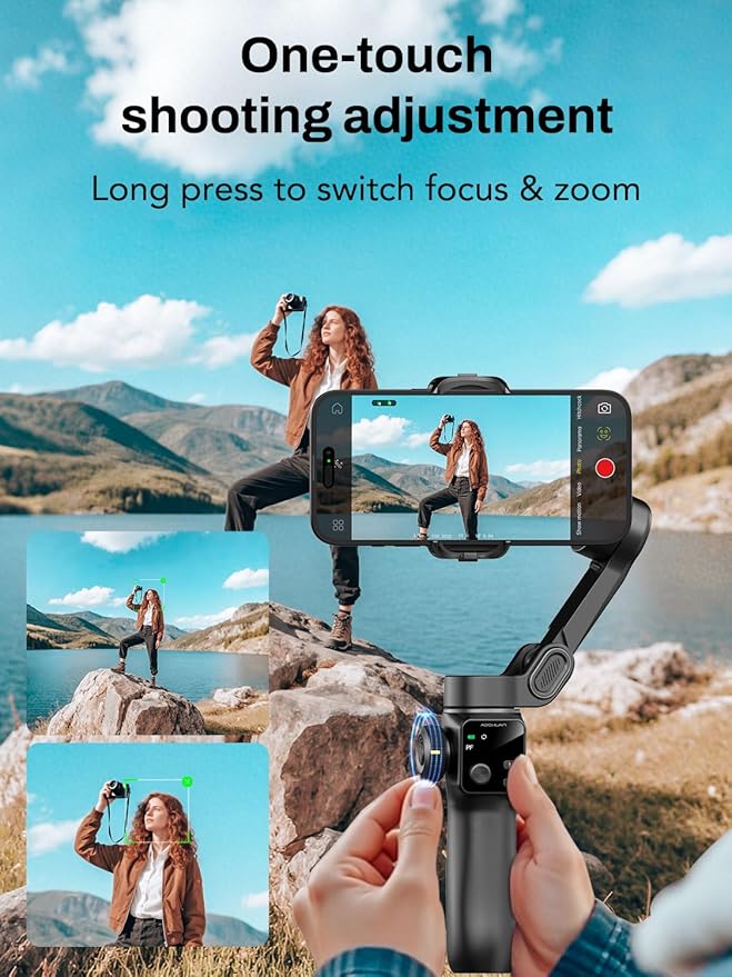 AOCHUAN 3-Axis Gimbal Stabilizer for iPhone, Smartphone Gimbal w/7.8" Extension Rod, OLED Display, Phone Stabilizer w/Face Tracking, Gesture Control, Video Record for iPhone & Android - Smart V8 Black