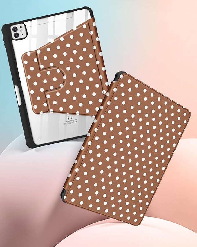 Uppuppy for iPad Pro M4/M5 Case 13 inch - 360 Degree Rotating Stand Folio Smart Cover with Pencil Holder for Women Girls, Brown Polka for iPad Pro 13 inch Case 2024 M4/2025 M5