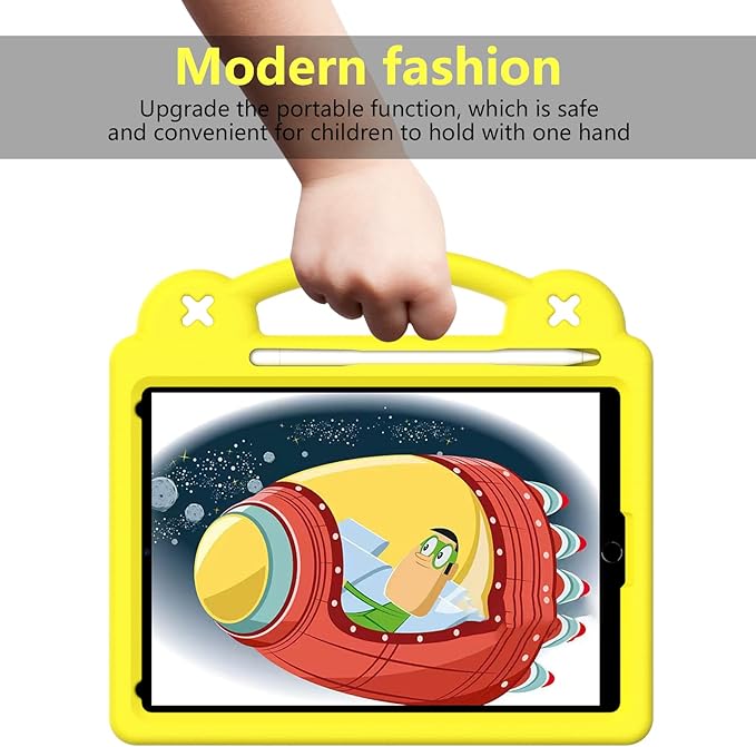 Dteck for iPad 9th/8th/7th Generation 10.2" Kids Case,Cartoon Panda Shockproof Rugged Lightweight Convertible Handles Stand Kid Friendly Case with Pencil Holder for iPad 10.2 2021/2020/2019,Yellow
