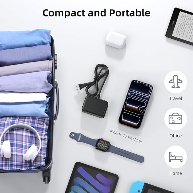 Updated USB C Fast Charger Block, 100W GaN 6 Port PD USB C QC USB A Wall Charger Adapter Plug Cube, Type C Charging Station Hub for iPhone 17 16 15 14 13 Pro Max iPad Samsung Pixel 5ft Extension Cord