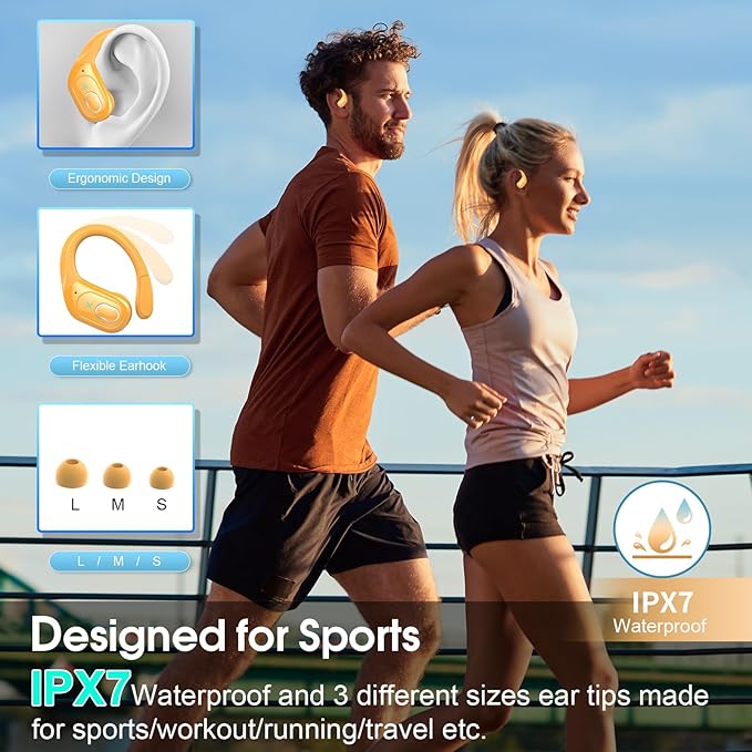 Wireless Earbuds 75hrs Bluetooth 5.4 Headphone Sport, 2026 Bluetooth Earbuds Stereo Deep Bass Over Ear Bud with Earhooks, ENC Noise Cancelling Mic, IPX7 Waterproof Earphone for Gym/Workout, Yellow