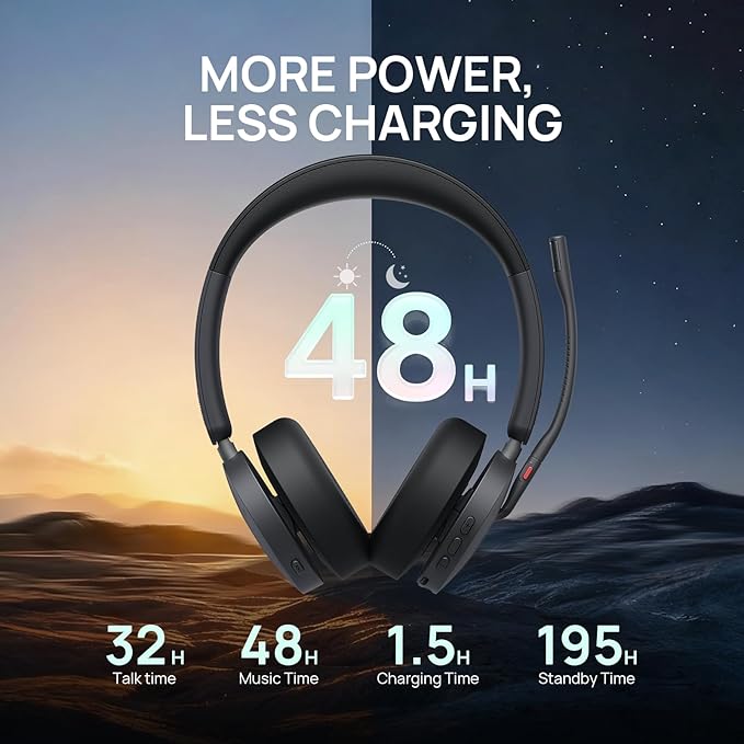 Yealink WH68 Hybrid Wireless Headset with ANC, DECT 6.0 & Bluetooth Dual-Connect, 492ft Range, 6-Mic Noise Cancelling Office Headphones for Teams, Zoom, 32H Talk Time for PC/Laptop/Smartphone