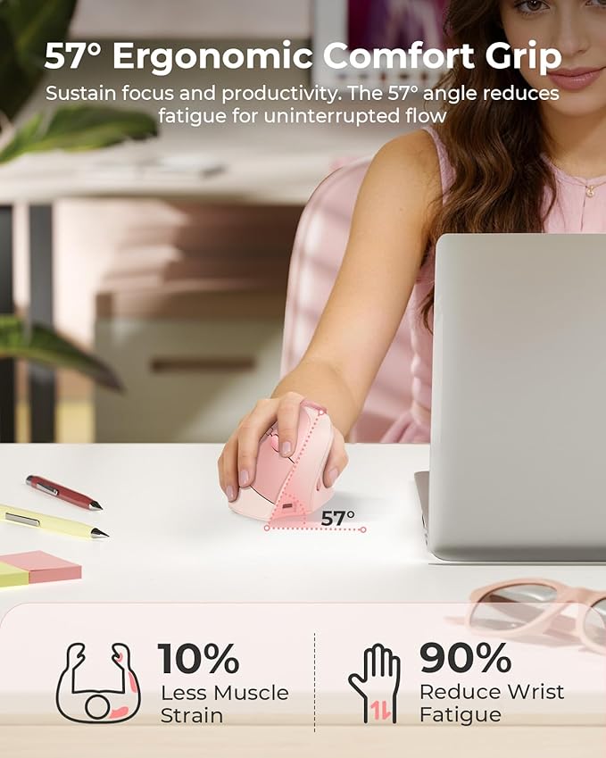 seenda Ergonomic Mouse Wireless, MOU-302 Bluetooth Vertical Mouse Rechargeable, Volume Knob, Silent Mice & 1000/1600/2400 DPI, 3 Multi-Device Connection for Windows/PC/Laptop/Mac/MacBook, Pink