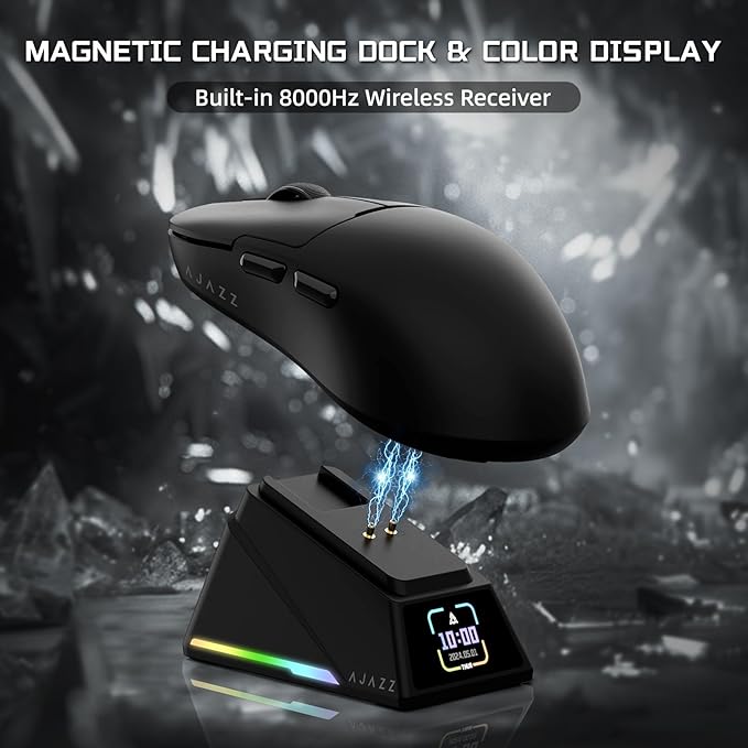 Yindiao AJAZZ AJ159 APEX Wireless Gaming Mouse with Magnetic Charging Base, 56g Lightweight BT/2.4G/USB-C Wired Mouse, PAW3950APEX 42K DPI Optical Sensor, Programmable Buttons for PC/Mac/Win(Black)