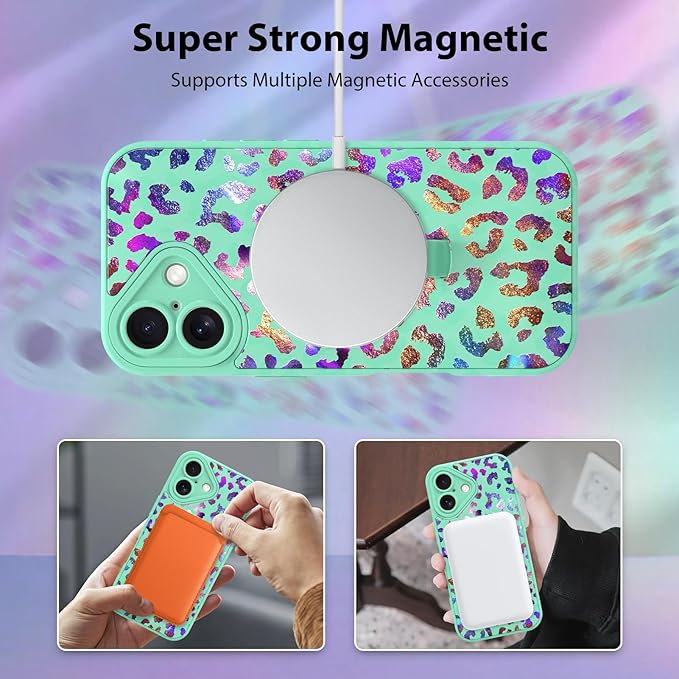 KANGHAR Compatible with iPhone 17 Case, Support for MagSafe, Silicone Cute Iridescent Leopard Cheetah Pattern, Wristband Kickstand Shockproof Protective Slim Cover for Women Girls, Green