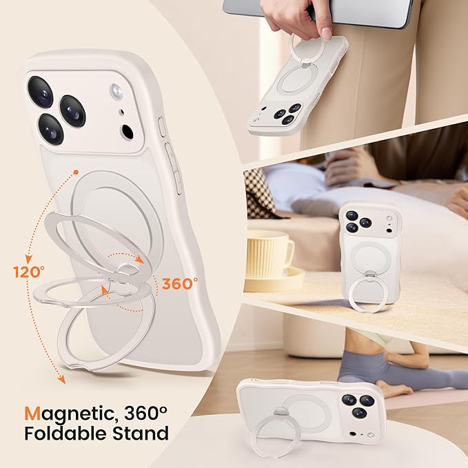 CAPRARO for iPhone 17 Pro Max Case with 360° Spin Magnetic Stand for Women, [Compatible with MagSafe] [Full Camera Protection] Cute Wave Translucent Matte Case for iPhone 17 Pro Max, Stone