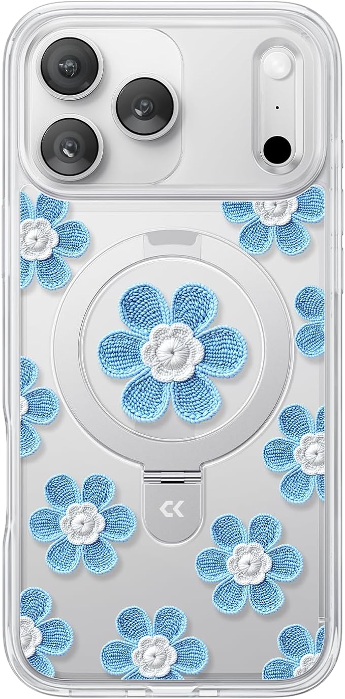 CASEKOO Floral Series Blue Flowers for iPhone 17 Pro Case with Magnetic Ring Stand [Compatible with MagSafe] [Military-Grade Protection] Fashion Clear Back, Soft Edge, for Women