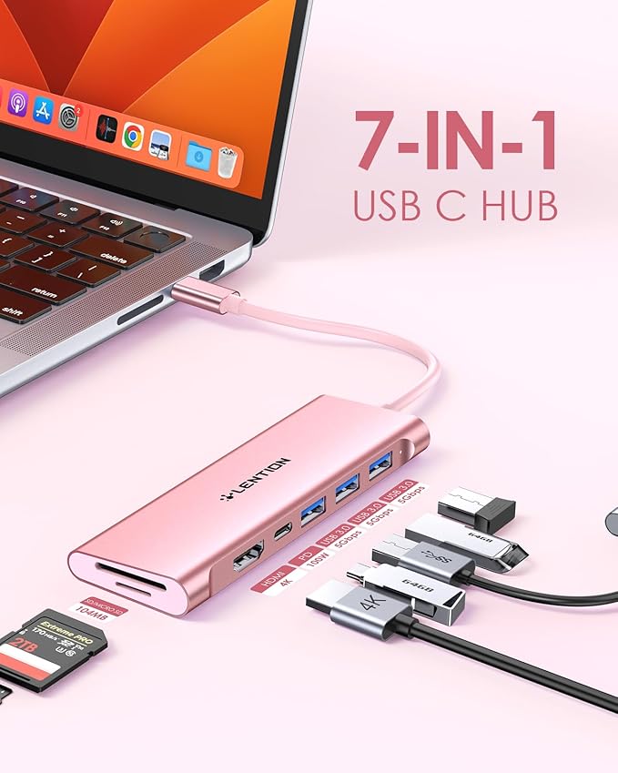 LENTION 7-in-1 USB C Multiport Hub with 4K HDMI, 100W PD, 3 USB 3.0 Ports, SD/MicroSD Card Reader Compatible MacBook Pro/Air/Neo 2016-2026 Type C Devices Stable Driver Adapter (CB-C36B, Rose Gold)