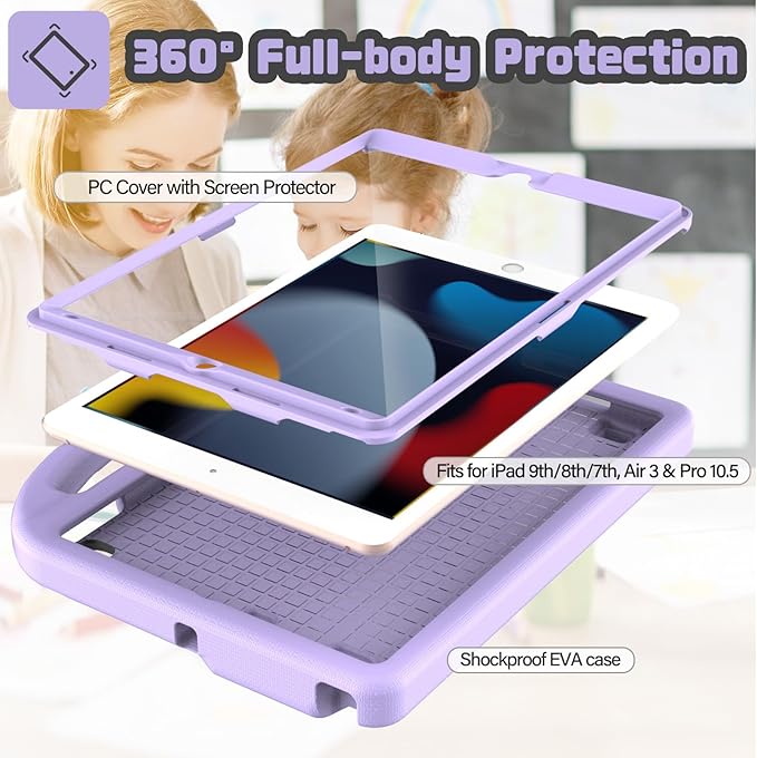 YIHE Kids Case for iPad 9th/8th/7th Generation, iPad Pro 10.5 & Air 3, Shockproof Protective Cover with Handle Stand & Screen Protector for 10.2/10.5 Inch iPads, Light Purple