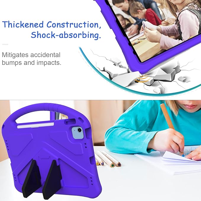 Kids Case for iPad A16 11th/10th Generation 2022/2025 11-Inch iPad Cover with Pencil Holder, Techcircle Lightweight Shockproof EVA Foam Rugged Handle Stand Anti-Slip Grip Protective Case, Purple