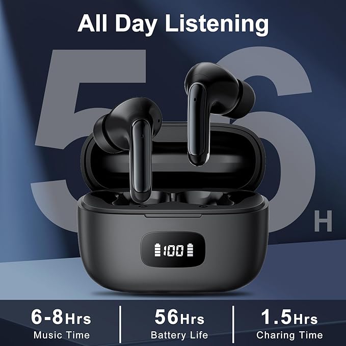 Earbuds, Wireless Earbuds 2026 Bluetooth 5.3 Headphones, 56Hrs Hi-Fi Stereo Deep Bass Earphones with 4 ENC Noise Cancelling Headphones Mics, IPX7 Waterproof Ear Buds for iPhone Android Phones Laptop