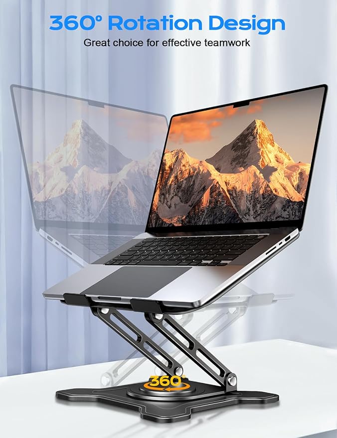 JCZT Adjustable Laptop Stand, 360° Rotating Base Ergonomic Computer Stand, Foldable Laptop Stand for Desk for Office Home Fits Compatible with MacBook Pro Air (10-16") - Black