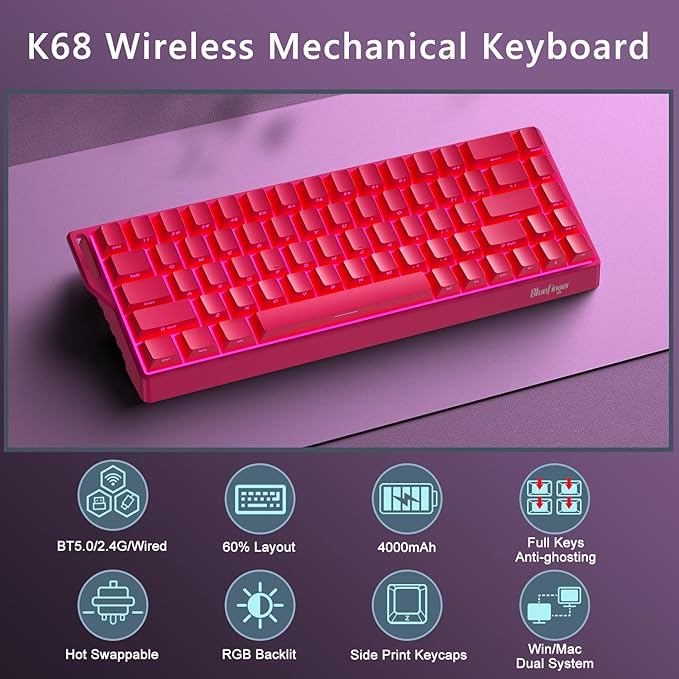 BlueFinger 60% Wireless Mechanical Gaming Keyboard, Bluetooth/2.4G/USB-C Hot Swappable RGB Backlit Keyboard with Side-Printed PBT Keycaps, for MAC Xbox PC PS5, Pink