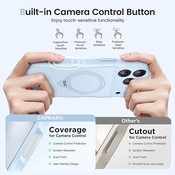 CAPRARO for iPhone 17 Pro Case with 360° Spin Magnetic Stand for Women, [Compatible with MagSafe] [Full Camera Protection] Cute Wave Translucent Matte Case for iPhone 17 Pro, Light Blue