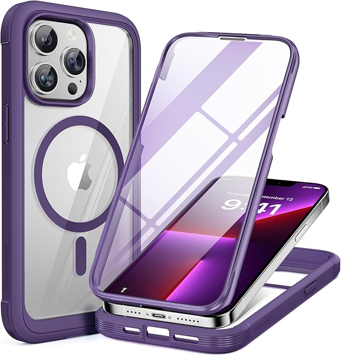 Miracase Magnetic for iPhone 13 Pro Max Case 6.7 inch, (Compatible with MagSafe) Upgrade Full-Body Clear Phone Bumper Case with Built-in 9H Tempered Glass Screen Protector, Magnetic Purple
