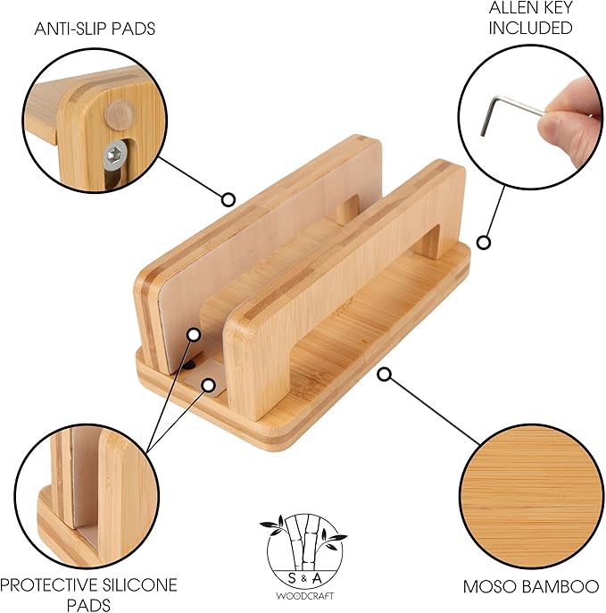 S&A WOODCRAFT Bamboo Wood Vertical Laptop Stand, Adjustable Wooden Laptop Holder, Non-Slip Laptop Dock Compatible with Apple MacBook, Microsoft Surface, Gaming Laptops, IPad, Tablets