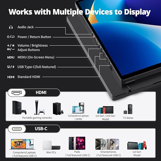 Intehill 16" 2.5K Portable Monitor, Second Laptop Screen Extender for Travel, Touchscreen Monitor for the Demanding Professionals, 120Hz Portable Gaming Monitor with Built-in Stand, T16KB (Black)