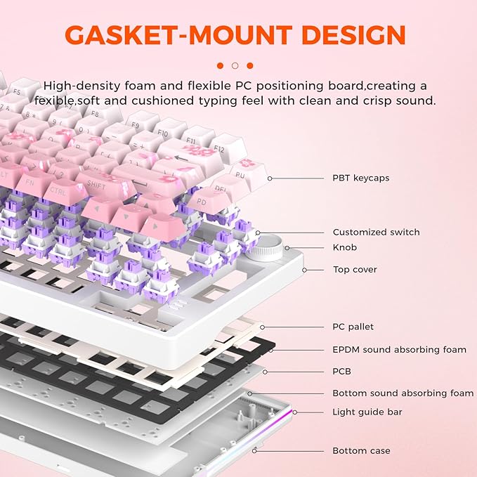 DAREU EK75PRO Sakura Pink Wireless Mechanical Gaming Keyboard,75% Hot Swap Creamy Keyboard with Knob,RGB Backlit,Gasket Custom Structure,Side Printed PBT Keycaps,2.4Ghz/BT5.1/USB-C, for Win/MAC