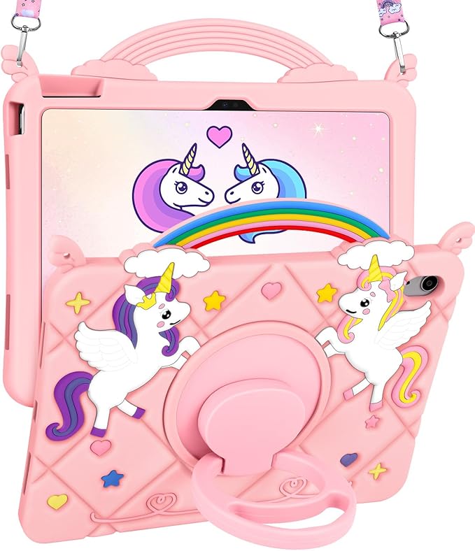 Uppuppy for iPad A16 Case/10th Generation Case - Girls Teens Cute Cartoon 10.9 Inch 2022 Tablet Cover with Rotating Stand Handle & Strap Soft Silicone 3D PK Unicorn Funda for iPad 11th 11 Inch 2025