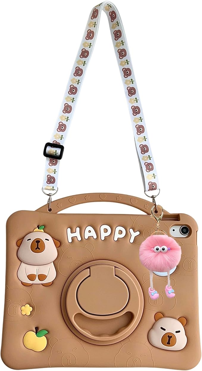 3D Cute Press Capybara Case for iPad 9th/8th/7th 10.2 inch/Air 3rd 2019 /Pro 2017 10.5 inch,Kawaii Cartoon Character Capybara Soft Silicone Rotating Stand Case with Lanyard for Kids Girls Women