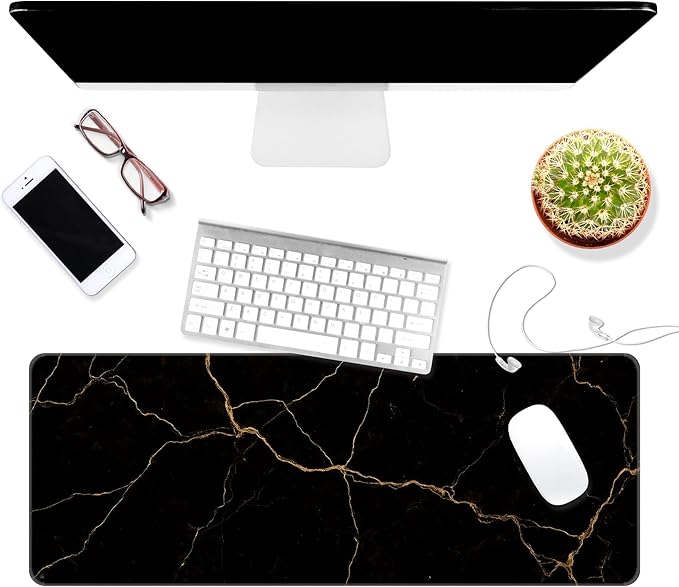 Thin Extended Gaming Mouse Pad （31.5 * 11.8 * 0.08 inch） with Stitched Edges Large Mousepad Long XXL Keyboard and Mouse pad Desk Mat for Gaming Office & Home - Black Gold Marble