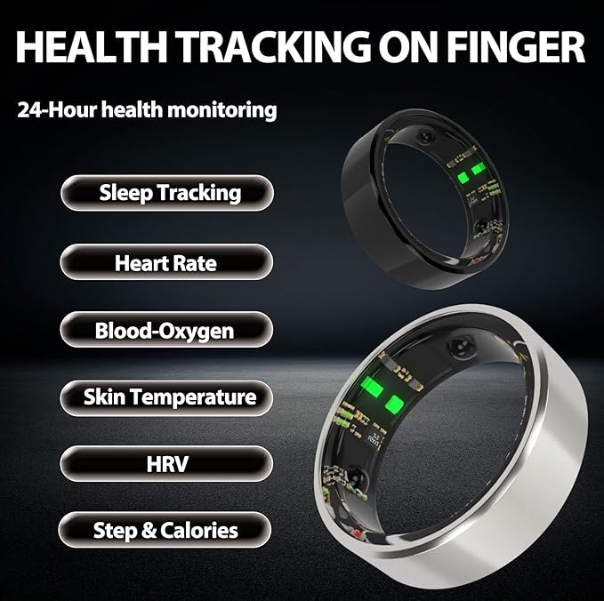 Smart Ring Health Tracker with Free Subscription, Fitness Sleep Heart Rate Blood Oxygen Tracking Ring with Charging Case,Great Gift,Silver,US E