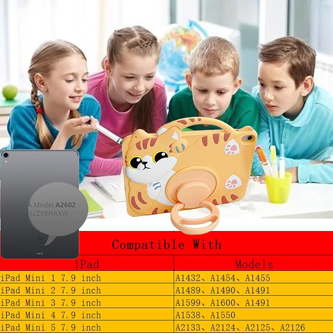 3D Cute Vivid Cat Case for iPad mini 1st 2nd 3rd 4th 5th Gen 7.9 inch,Kawaii Cartoon Character Pretty Cat Soft Silicone Rotating Stand Case with Lanyard for Kids Teens Girls Women