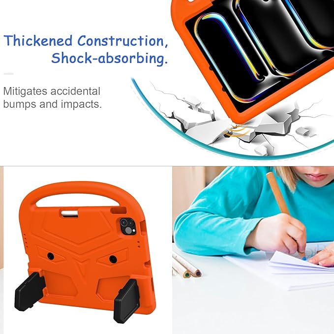 Kids Case for iPad Pro 11" M5 2025/M4 2024 & iPad Air 11" M3 2025/M2 2024, Techcircle Child Shock Proof EVA Protective [Support Pencil Charging] Handle Stand Cover, Orange