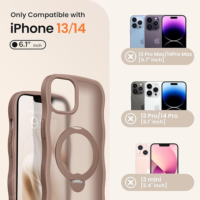 CAPRARO for iPhone 13 Case & iPhone 14 Case with 360° Spin Magnetic Stand for Women, [Compatible with MagSafe] [Camera Protection] Cute Wave Translucent Matte Case for iPhone 13/14, Brown
