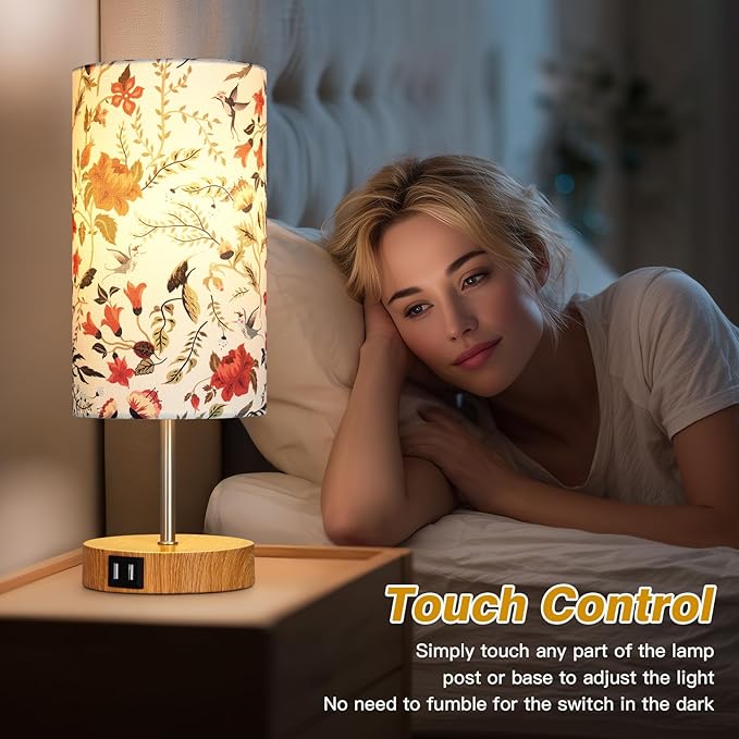 CINSARY Bedside Touch Lamp with Flower Fabric Shade, 3 Way Dimmable Wood Bedroom Lamp for Nightstand with 2 USB Charging Ports, Small Table Lamp for Living Room Reading Desk (LED Bulb Included)
