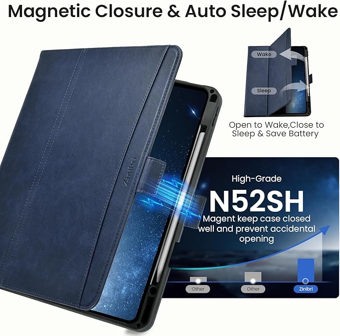Handcrafted Case for iPad Air 13 Inch M4/M3/M2 (2026/2025/2024) with Pencil Holder & Hand Strap & Pocket,Magnetic Clasp,Multi Angles Stand,Protective Folio Cover,Auto Sleep/Wake,Dark Blue