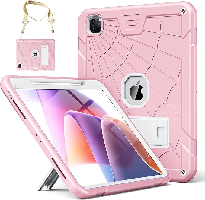 TSQQST Case for iPad Pro 12.9 Inch 6th/5th/4th/3rd Generation 2022/2021/2020/2018 for Kids Girls, Full Body Shockprof Rugged Protection Case Cover with Stand +Pencil Holder+ Shoulder Strap | Pink