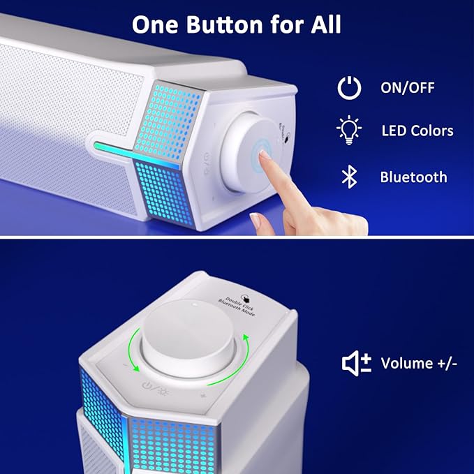 Jeecoo M20 Bluetooth Computer Speakers for PC Desktop Monitor, Gaming PC Sound Bar - Wired USB-Powered, Superb Stereo Sound, with LED Lighting (White)