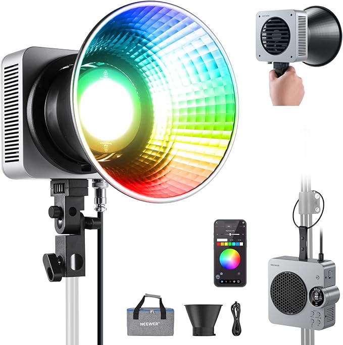 NEEWER HS200C Portable RGB LED Video Light, APP/2.4G/Panel/DMX Control, 280W 150000Lx 2500-7500K CRI95+ COB Continuous Output Lighting Bowens Spotlight for Video Recording Streaming Studio Photography