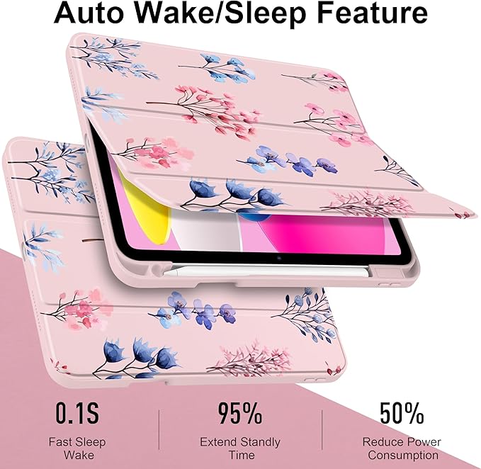 Case for iPad Air 11 inch M4 2026 M3 2025 M2 2024 Release with Pencil Holder Clear Back Shell Pink Lightweight Shockproof TPU Edge Trifold Stand Auto Wake Sleep Cute Cover, Hand-Drawn Florals