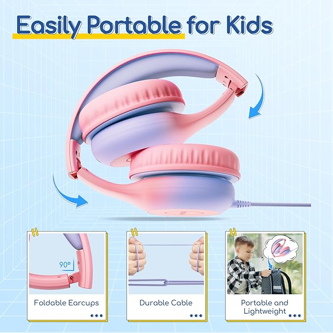 EarFun Kids Headphones Wired with Microphone, USB Type C Headphones for Kids, 85/94dB Volume Limit, Portable Wired Headphone with Shareport, Stereo Sound Foldable Headset for School/Tablet/PC, Pink