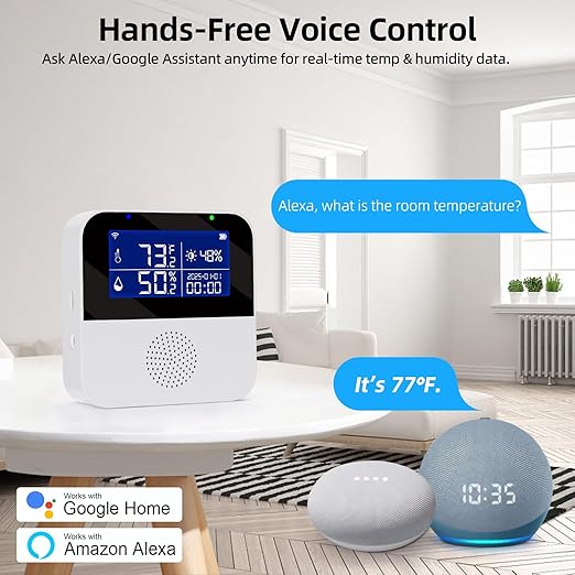 eMylo WiFi Thermometer Hygrometer with Waterproof Probe, Smart Indoor Temperature Humidity Monitor with Brightness Sensor, LED Backlit Screen, APP Control, Buzzer Alarm&App Alert,Compatible with Alexa